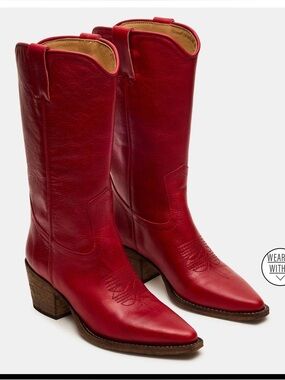 Steve Madden Red Leather Mid-Calf Western Boots (Albany)